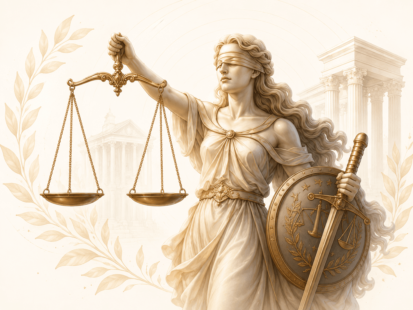 Femida — Lady Justice holding scales, with laurel and classical columns
